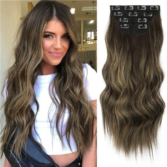 4PCS Clip in Long Soft Hair Extensions Synthetic Brown mix Dirty Blonde